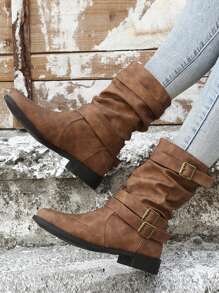 女士带扣装饰粗跟中跟皱褶靴，时尚宽带棕色靴子