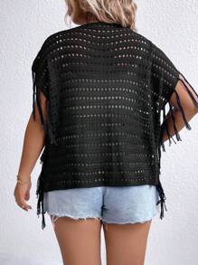 SHEIN LUNE 大碼流蘇邊蝙蝠袖鏤空針織開襟衫 - 黑色 - 查看 2