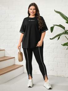 Mulvari Plus Cotton Letter Graphic Contrast Piping Drop Shoulder Tee & Split Hem Pants 2 Piece Set - Black - View 1