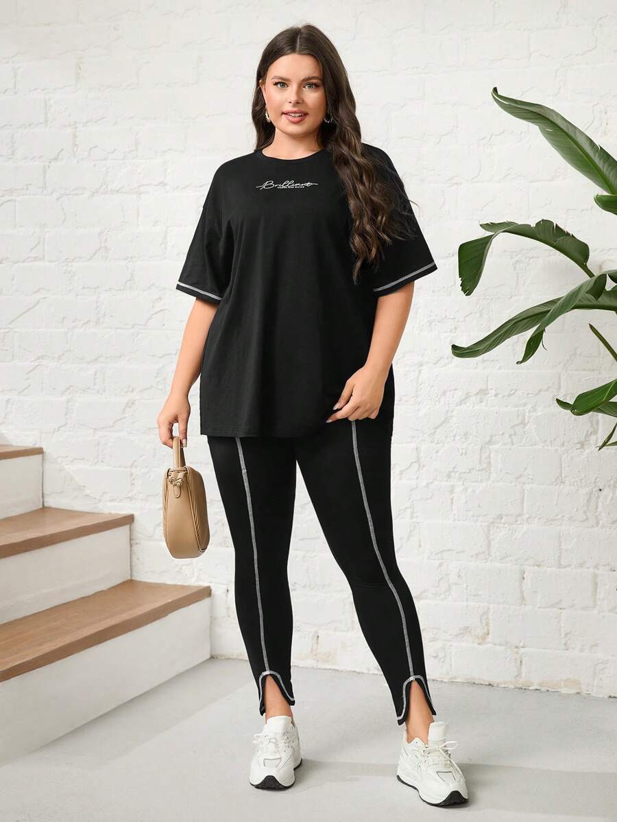 Mulvari Plus Cotton Letter Graphic Contrast Piping Drop Shoulder Tee & Split Hem Pants 2 Piece Set - Black - View 1