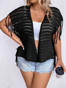 SHEIN LUNE 大碼流蘇邊蝙蝠袖鏤空針織開襟衫 - 黑色 - 查看 5