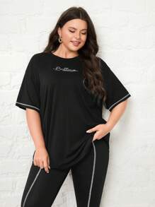 Mulvari Plus Cotton Letter Graphic Contrast Piping Drop Shoulder Tee & Split Hem Pants 2 Piece Set - Black - View 2