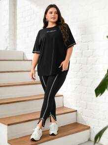 Mulvari Plus Cotton Letter Graphic Contrast Piping Drop Shoulder Tee & Split Hem Pants 2 Piece Set - Black - View 3