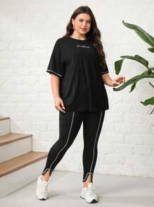 Mulvari Plus Cotton Letter Graphic Contrast Piping Drop Shoulder Tee & Split Hem Pants 2 Piece Set - Black - View 4