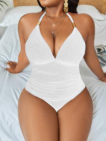 Slaydiva Plus Size One-Pieces Ruched Tie Back Plain