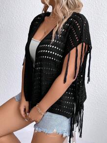 SHEIN LUNE 大碼流蘇邊蝙蝠袖鏤空針織開襟衫 - 黑色 - 查看 7