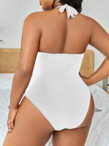Slaydiva Summer Beach Plus Solid Halter One Piece Swimsuit - White - View 2