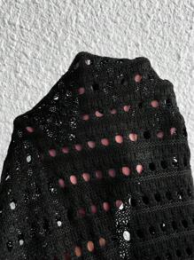 SHEIN LUNE 大碼流蘇邊蝙蝠袖鏤空針織開襟衫 - 黑色 - 查看 8