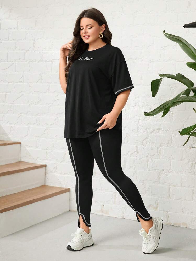 Mulvari Plus Cotton Letter Graphic Contrast Piping Drop Shoulder Tee & Split Hem Pants 2 Piece Set - Black - View 5