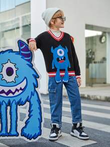 SHEIN Tween Boy 1pc Cartoon Pattern Striped Trim Sweater - Black - View 3