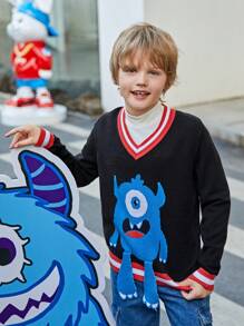 SHEIN Tween Boy 1pc Cartoon Pattern Striped Trim Sweater - Black - View 4