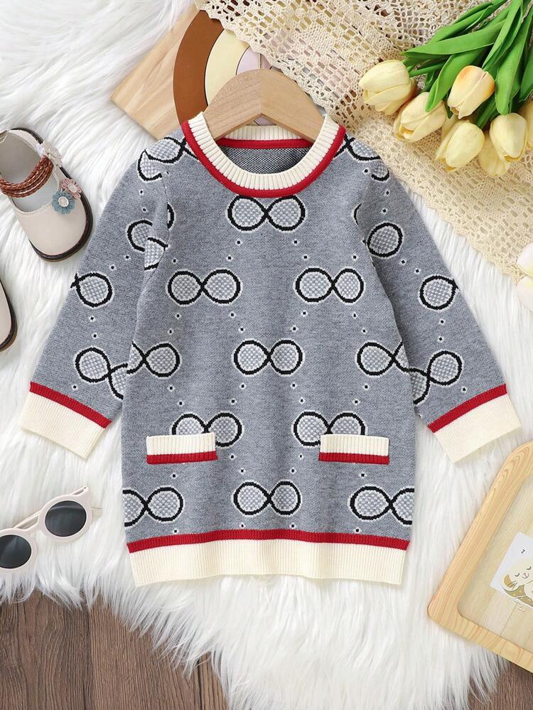 Baby Girl Geo Pattern Striped Trim Sweater Dress