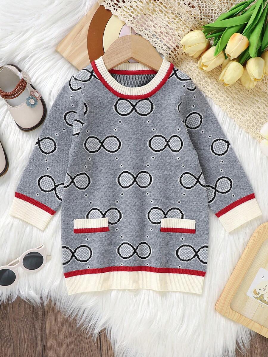 Baby Girl Geo Pattern Striped Trim Sweater Dress - Grey - View 1