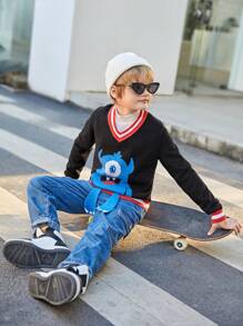 SHEIN Tween Boy 1pc Cartoon Pattern Striped Trim Sweater - Black - View 5