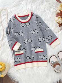 Baby Girl Geo Pattern Striped Trim Sweater Dress - Grey - View 4