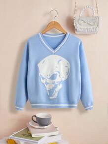 SHEIN Tween Girl Skull Pattern Striped Trim Cricket Jumper - Baby Blue - View 1