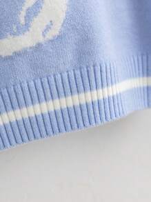 SHEIN Tween Girl Skull Pattern Striped Trim Cricket Jumper - Baby Blue - View 3