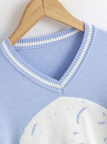 SHEIN Tween Girl Skull Pattern Striped Trim Cricket Jumper - Baby Blue - View 5