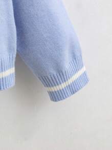 SHEIN Tween Girl Skull Pattern Striped Trim Cricket Jumper - Baby Blue - View 6