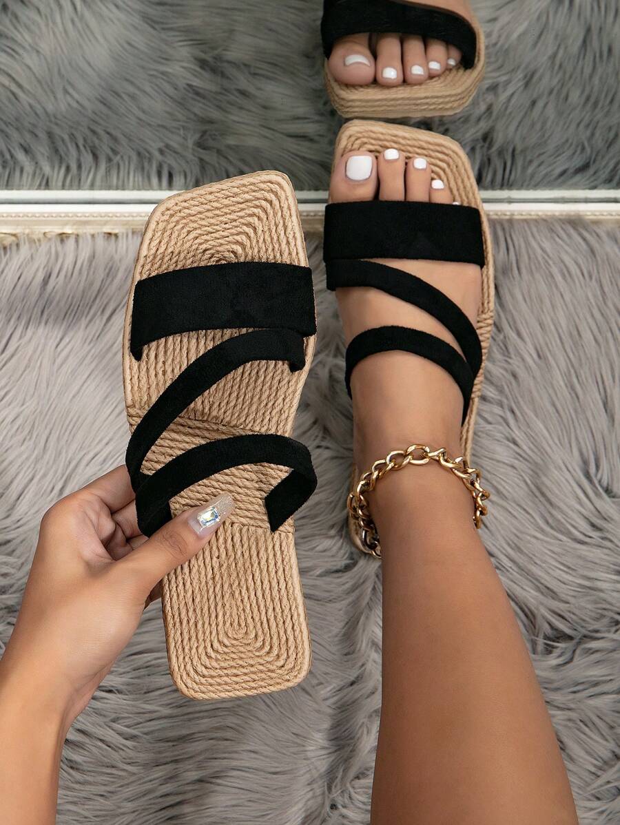 Women's Fashionable Comfortable Jute Rope Sole Slippers - Black - View 1