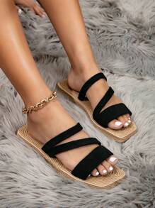 Women's Fashionable Comfortable Jute Rope Sole Slippers - Black - View 2