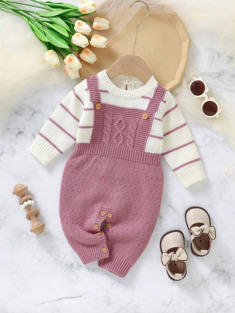 女嬰條紋圖案二合一針織連身褲 - 藕粉色 - 查看 1