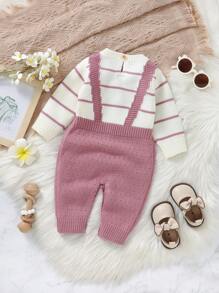 女嬰條紋圖案二合一針織連身褲 - 藕粉色 - 查看 2