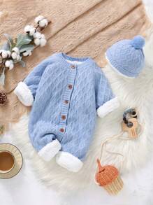 Baby Girl Button Through Thermal Knit Jumpsuit With Hat - Baby Blue - View 1