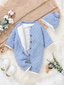 Baby Girl Button Through Thermal Knit Jumpsuit With Hat - Baby Blue - View 4