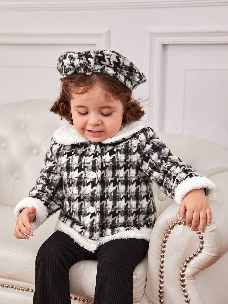 Baby Girl Plaid Pattern Borg Collar Thermal Lined Jacket With Hat