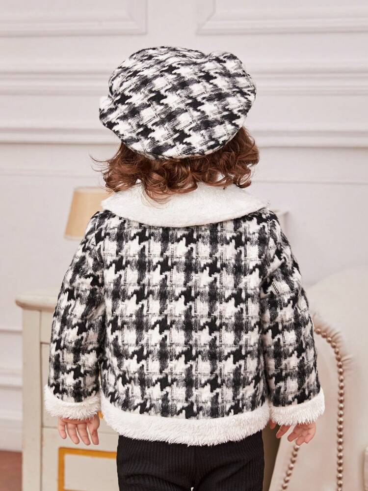 Baby Girl Plaid Pattern Borg Collar Thermal Lined Jacket With Hat
