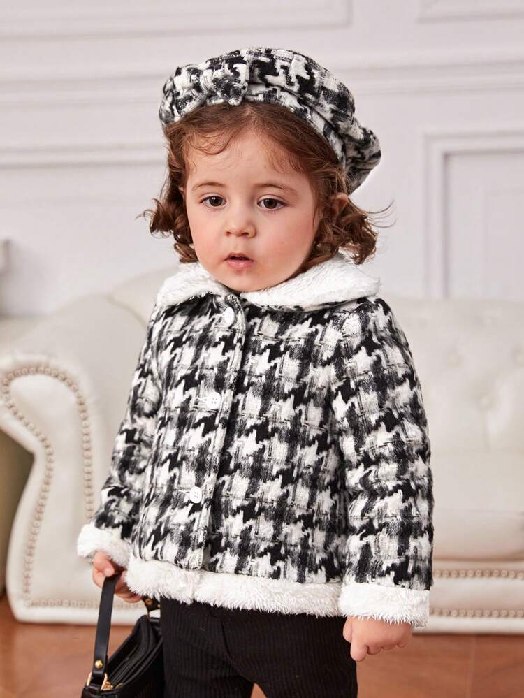 Baby Girl Plaid Pattern Borg Collar Thermal Lined Jacket With Hat