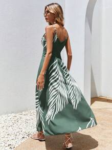 SHEIN VCAY 熱帶圖案圍裹下擺吊帶連衣裙 - 綠色 - 查看 2