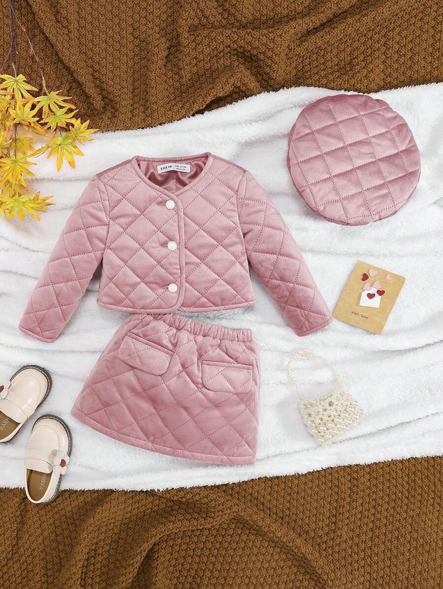 SHEIN Baby Girl Button Front Quilted Jacket & Skirt & Hat