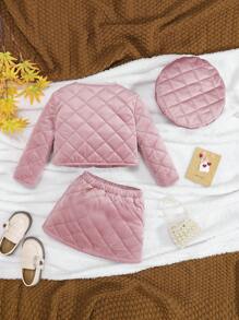 SHEIN Baby Girl Button Front Quilted Jacket & Skirt & Hat