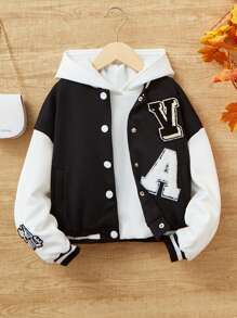 SHEIN Tween Girl Letter Patched Striped Trim Drop Shoulder Varsity Jacket Without Hoodie - Black and White - View 1