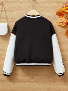 SHEIN Tween Girl Letter Patched Striped Trim Drop Shoulder Varsity Jacket Without Hoodie - Black and White - View 2
