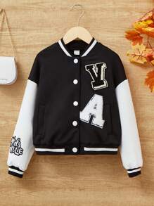 SHEIN Tween Girl Letter Patched Striped Trim Drop Shoulder Varsity Jacket Without Hoodie - Black and White - View 3