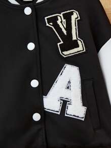 SHEIN Tween Girl Letter Patched Striped Trim Drop Shoulder Varsity Jacket Without Hoodie - Black and White - View 5