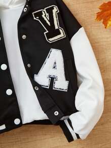 SHEIN Tween Girl Letter Patched Striped Trim Drop Shoulder Varsity Jacket Without Hoodie - Black and White - View 6