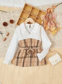 SHEIN 女大童格紋印花荷葉袖腰帶襯衫 - 彩色 - 查看 1