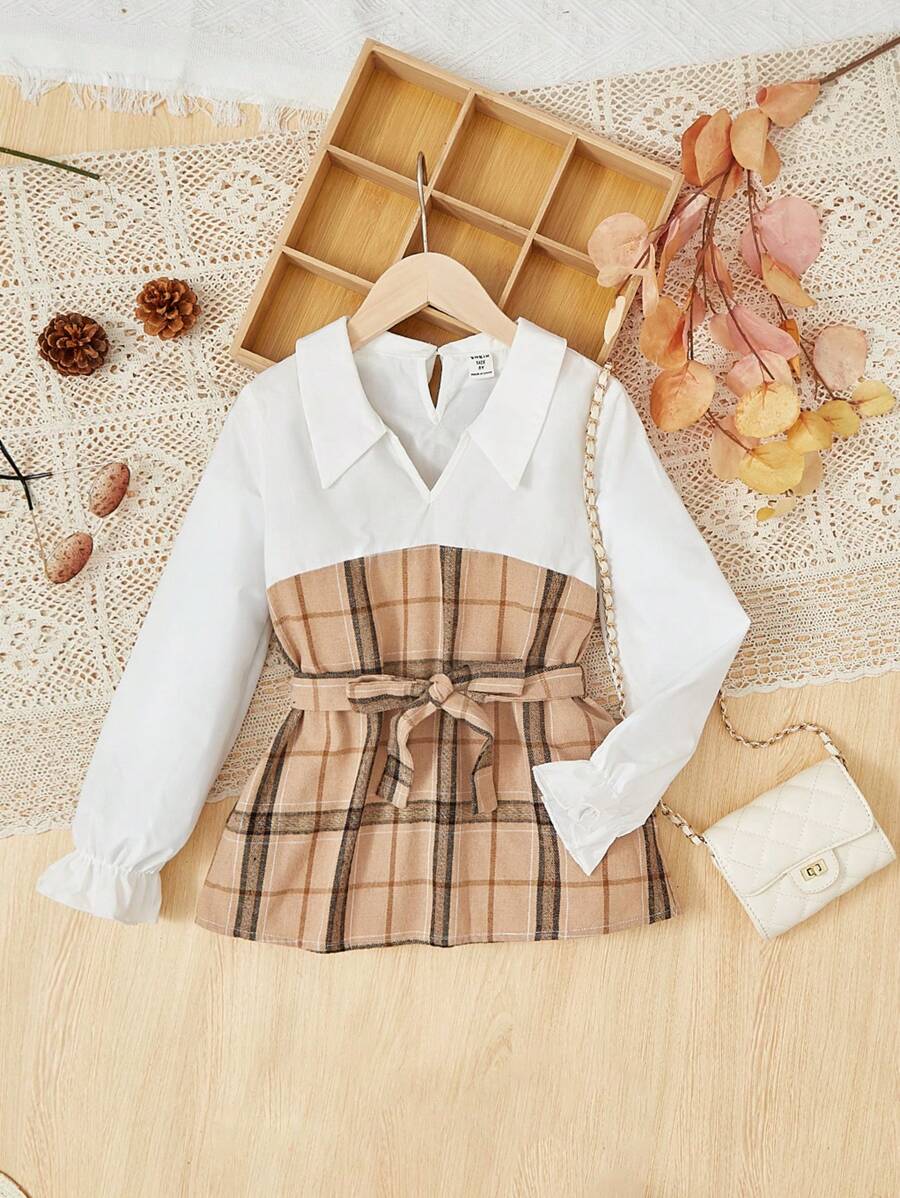 SHEIN 女大童格紋印花荷葉袖腰帶襯衫 - 彩色 - 查看 1