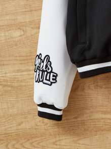 SHEIN Tween Girl Letter Patched Striped Trim Drop Shoulder Varsity Jacket Without Hoodie - Black and White - View 8