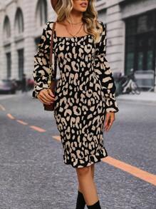 SHEIN VCAY Allover Print Square Neck Flare Sleeve Bodycon Dress
