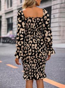 SHEIN VCAY Allover Print Square Neck Flare Sleeve Bodycon Dress