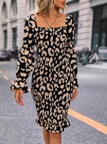 SHEIN VCAY Allover Print Square Neck Flare Sleeve Bodycon Dress