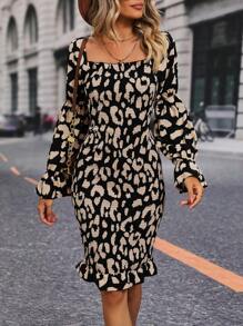 SHEIN VCAY Allover Print Square Neck Flare Sleeve Bodycon Dress