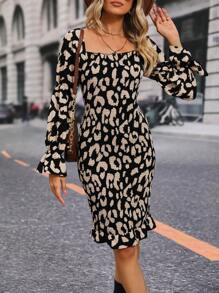 SHEIN VCAY Allover Print Square Neck Flare Sleeve Bodycon Dress