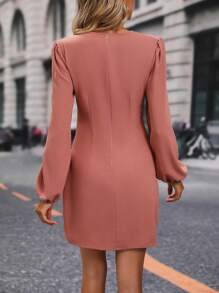 Chiquease Lantern Sleeve Ruched Side Tulip Hem Dress - Dusty Pink - View 2