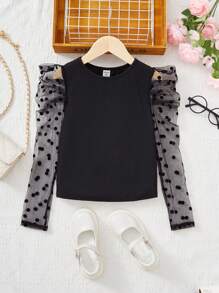 SHEIN 女大童拼接波點網紗羊腿袖T恤 - 黑色 - 查看 2